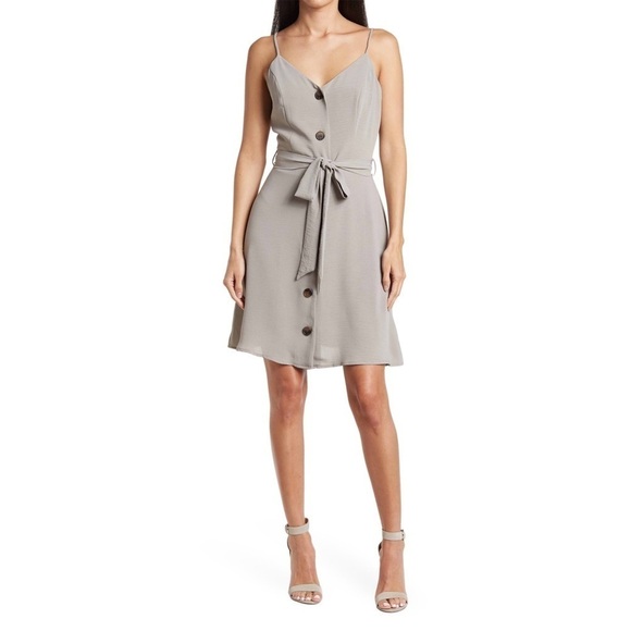 New | Good Luck Gem Button Down Woven Mini Dress In Light Grey Size Medium - Picture 1 of 11